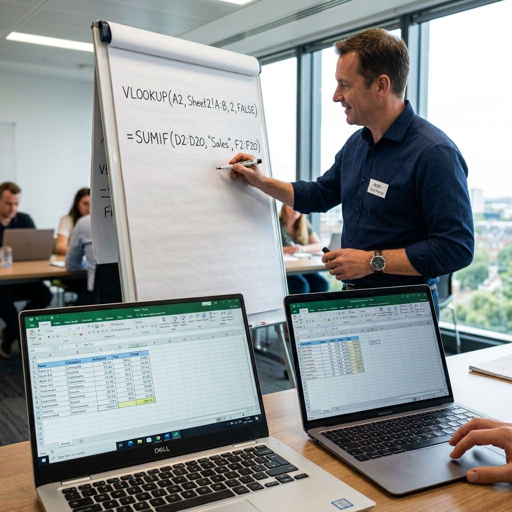 Close-up view of a European male instructor writing Excel formulas with a black marker on a white paperboard in a bright modern training room, with two student laptop screens showing Excel spreadsheets visible in sharp focus in the foreground, professional educational atmosphere, natural daylight streaming through windows, photorealistic style with shallow depth of field emphasizing the instructor's hand gestures and the detailed spreadsheet interface on the laptops.
