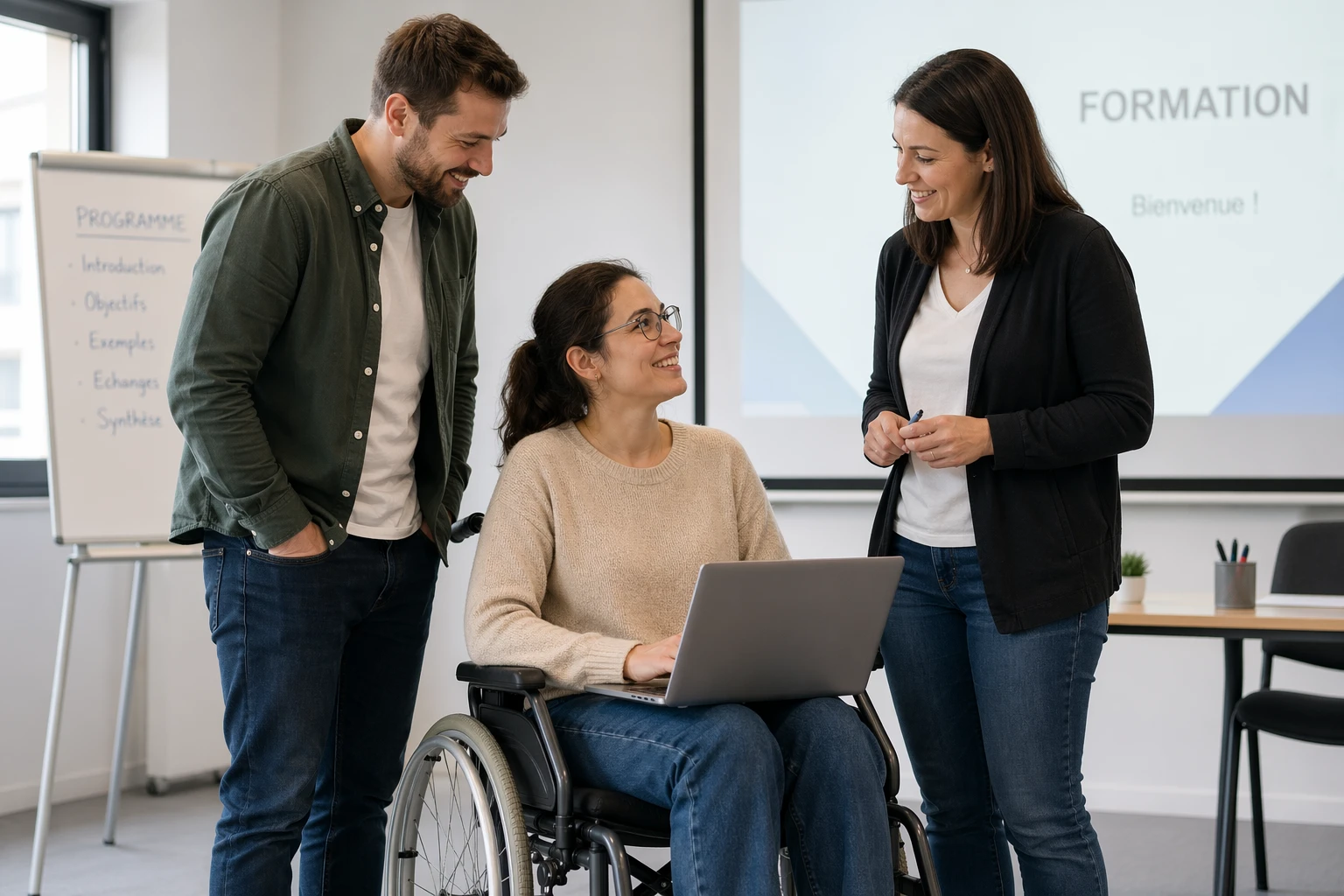 Une femme sur un fauteuil roulant, avec un ordinateur portable sur les genoux, avec un homme et une femme debout…